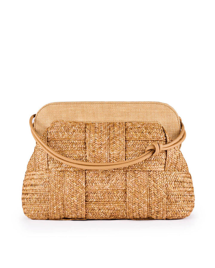 Woven straw handbag with tan leather strap