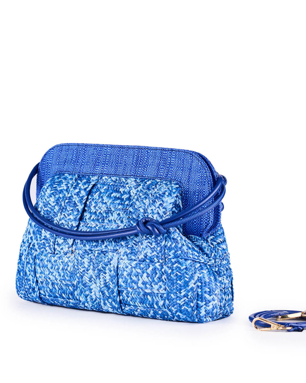 Blue woven handbag with a detachable strap