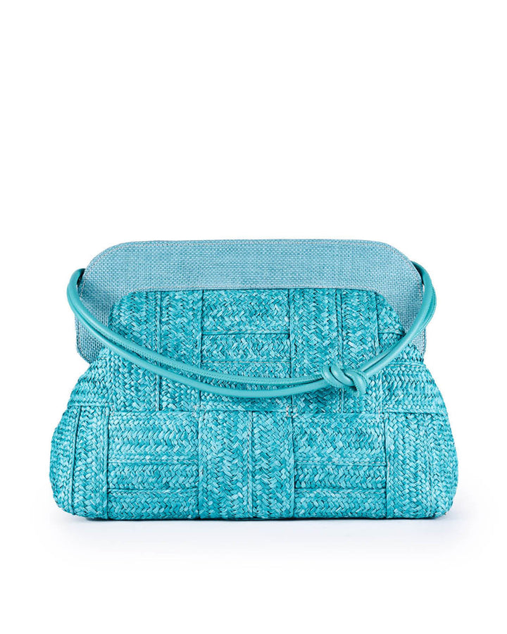 Turquoise woven handbag with shoulder strap