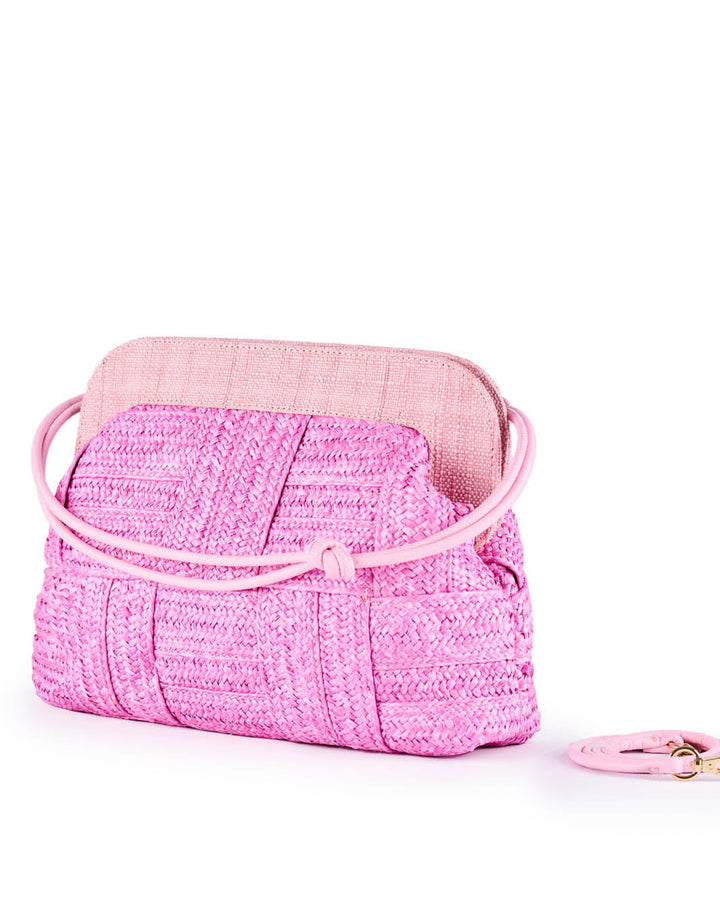 Pink woven handbag with a detachable strap