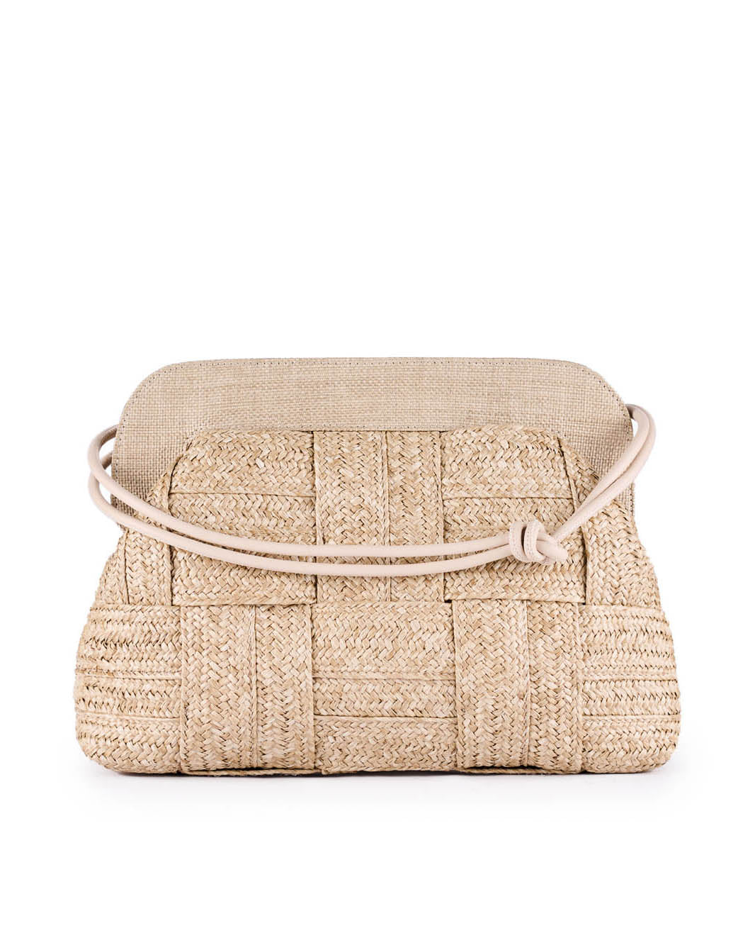 Woven straw handbag with knotted shoulder strap