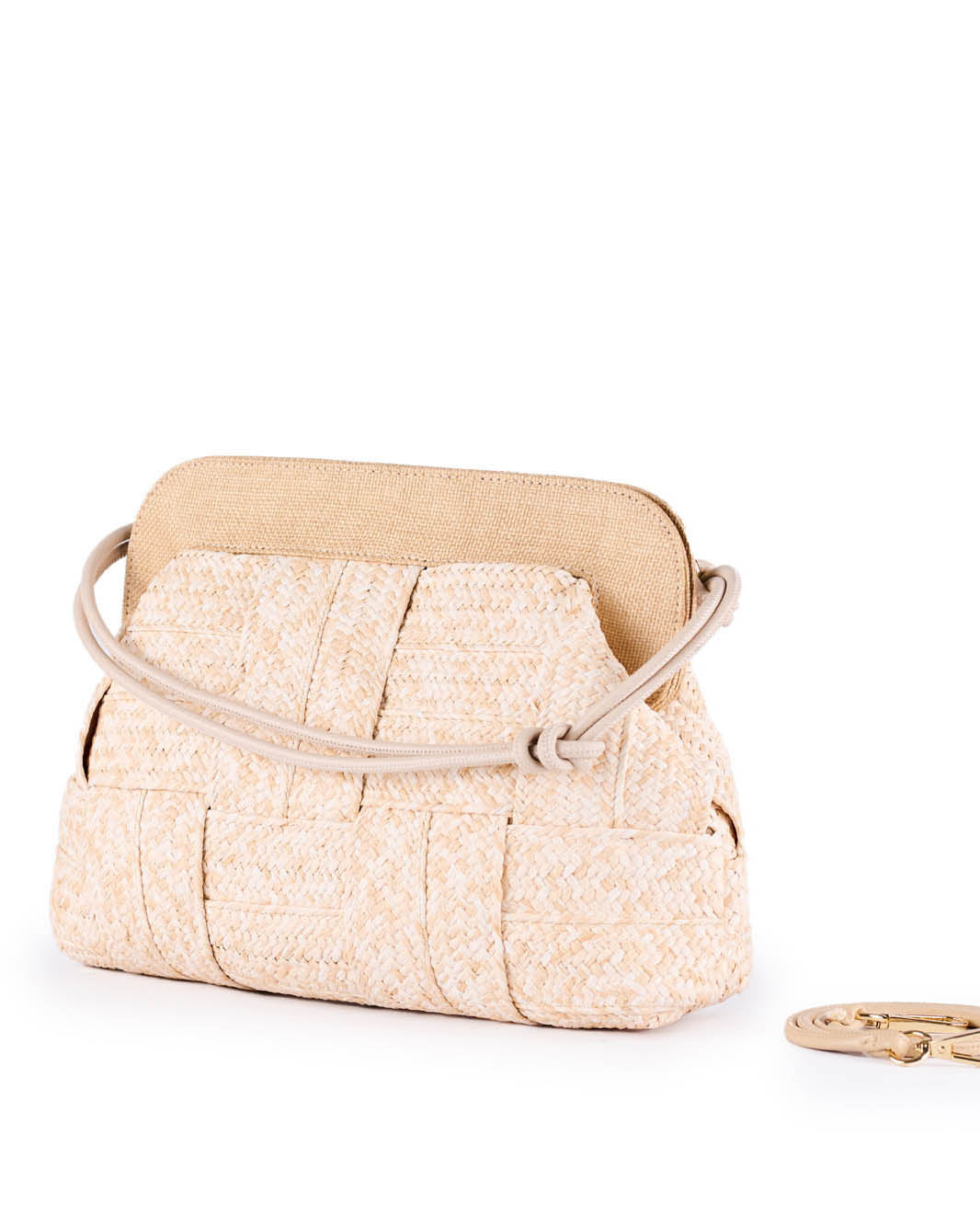 Woven beige handbag with tan accents and detachable strap