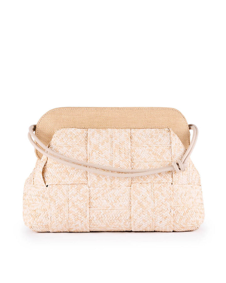 Woven beige handbag with shoulder strap