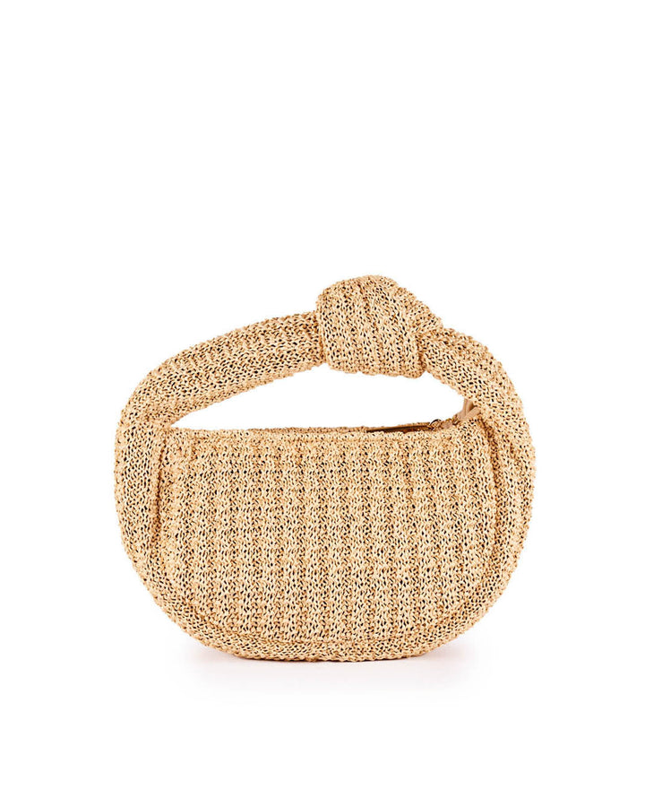 Woven beige handbag with a knotted strap