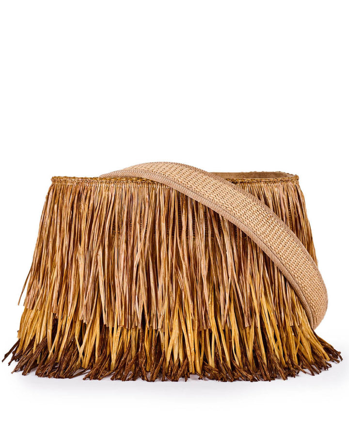 Tropical straw fringe handbag with woven shoulder strap