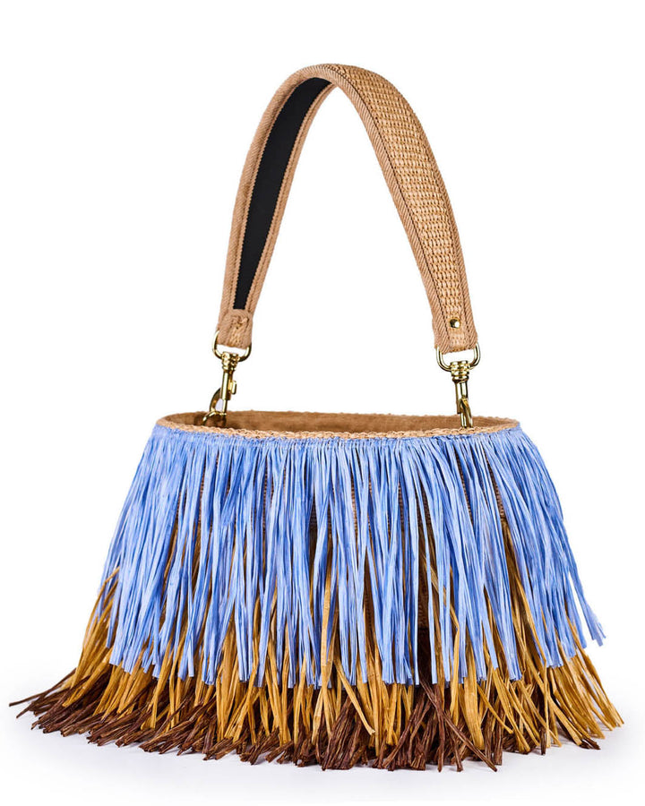 Straw handbag with blue and brown fringe accents