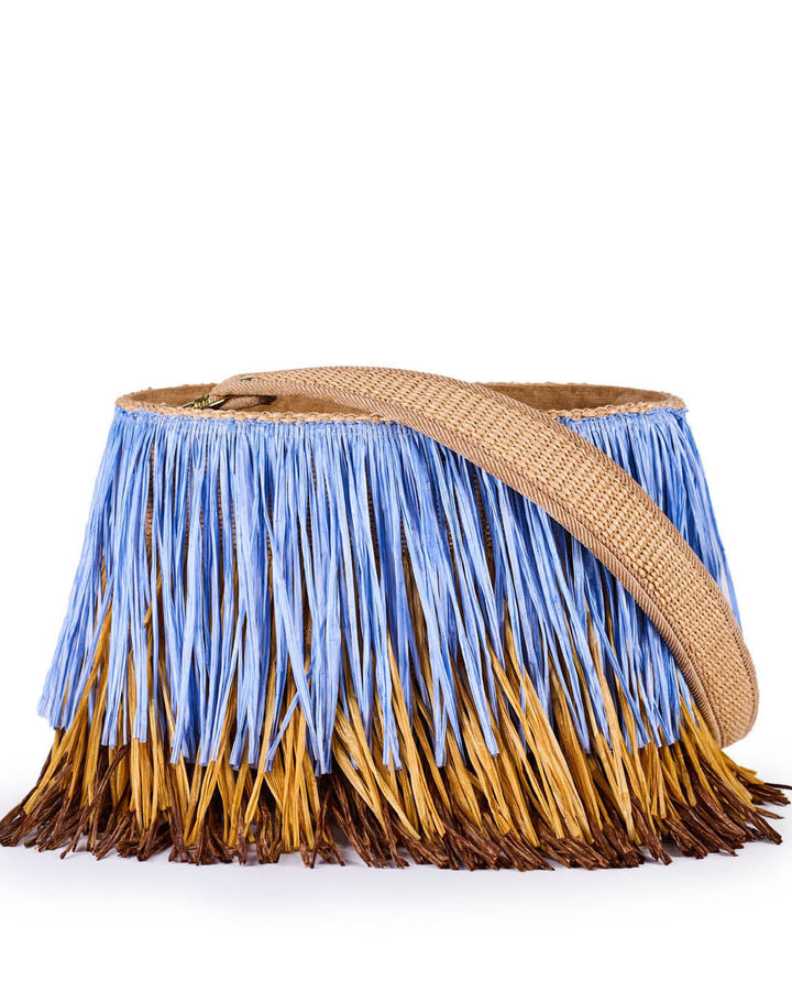 Blue and brown fringed basket bag with straw shoulder strap