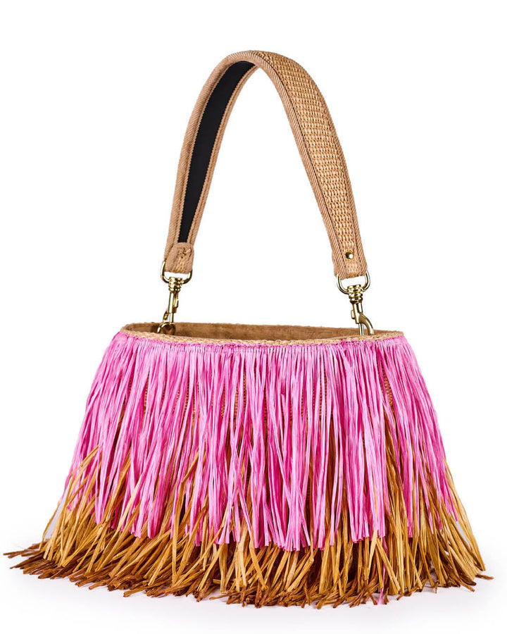 Colorful straw handbag with pink and tan fringe detailing
