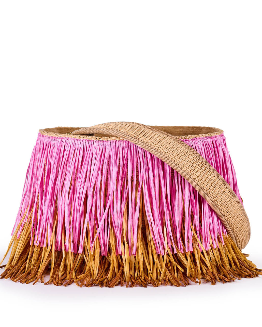 Pink and brown fringed straw handbag with shoulder strap