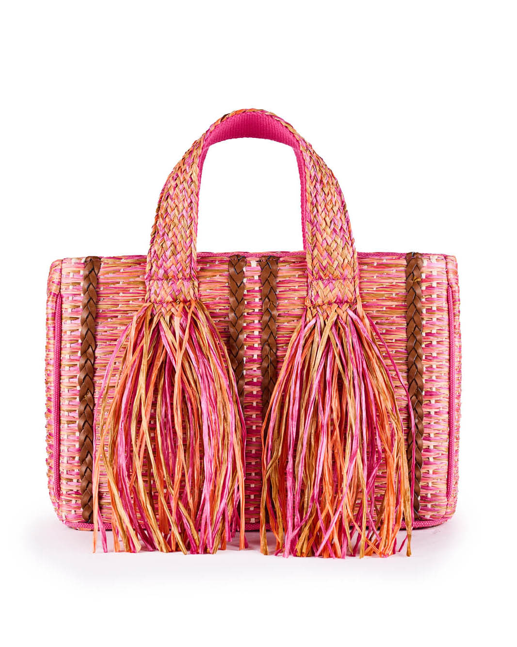 Pink woven straw handbag with fringed tassels and braided handles