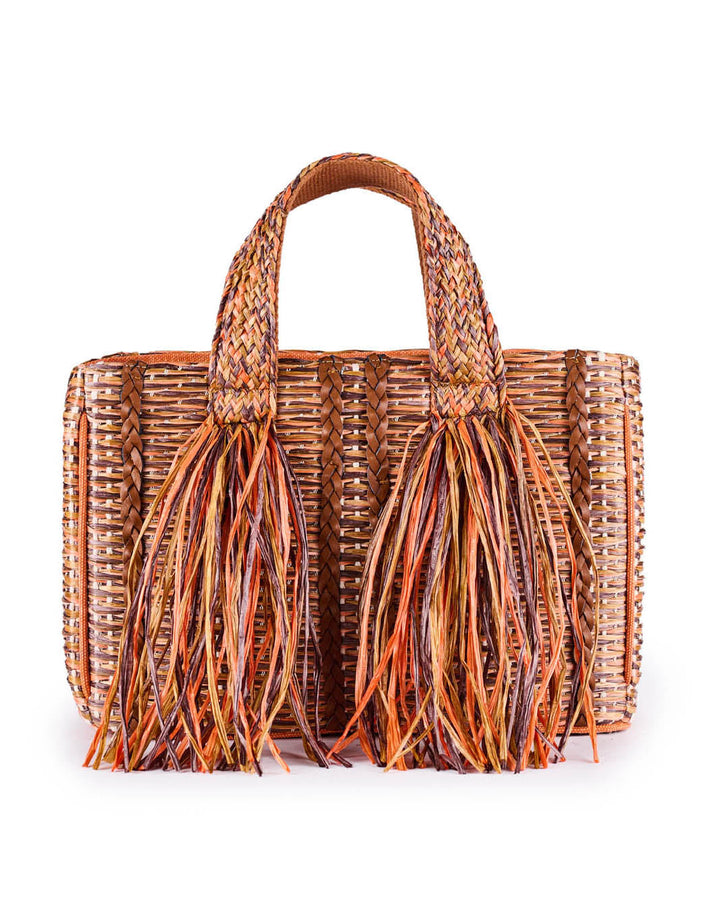 Handwoven wicker handbag with colorful tassels