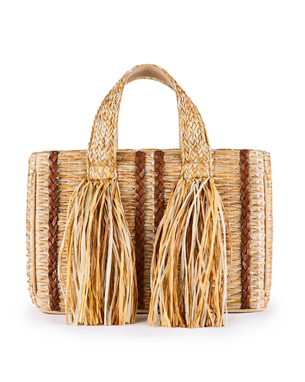 Handwoven straw tote bag with fringe details and brown accents