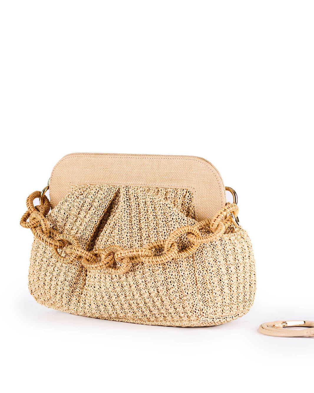 Beige woven handbag with chain detail and detachable strap on white background