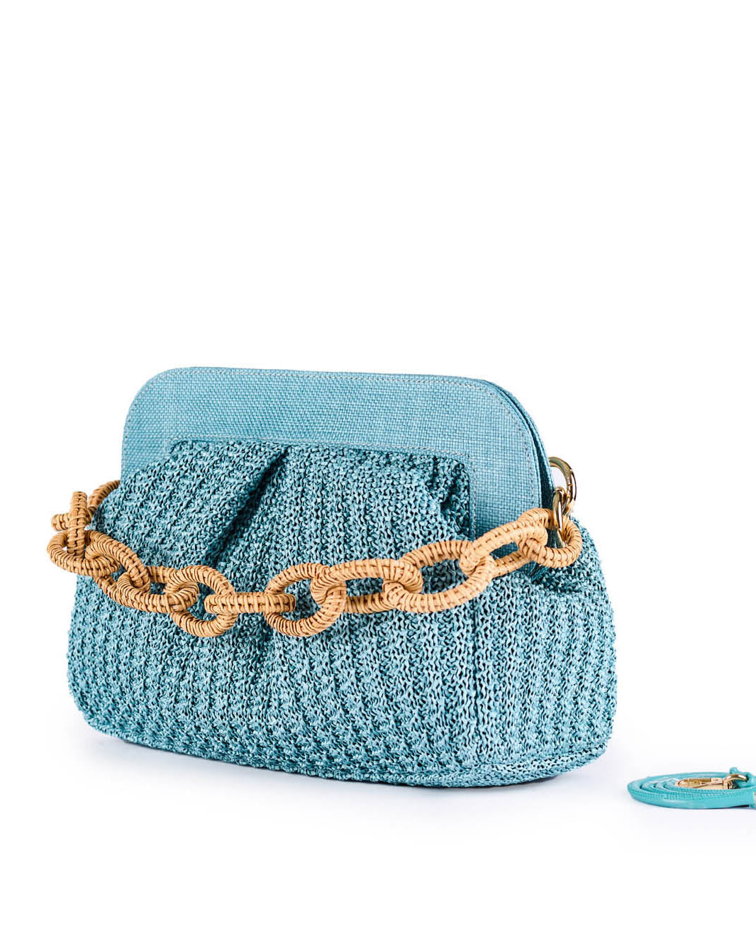 Turquoise woven handbag with chain strap and matching coin purse