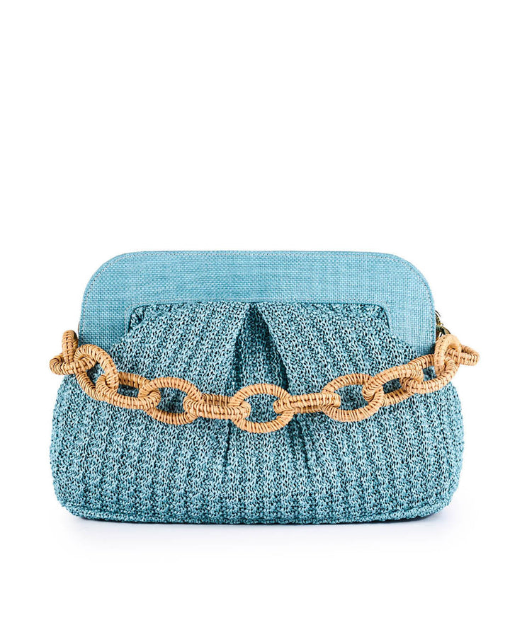 Handwoven blue clutch bag with woven straw chain handle