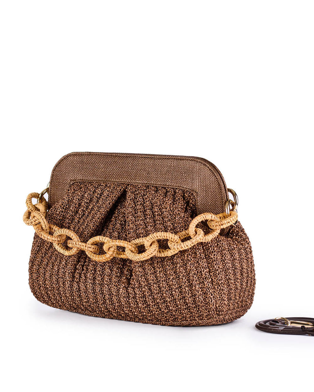Handwoven brown handbag with gold chain detail and shoulder strap