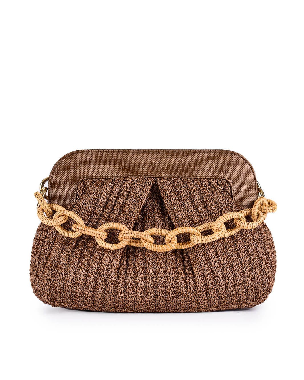 Brown woven handbag with chain strap