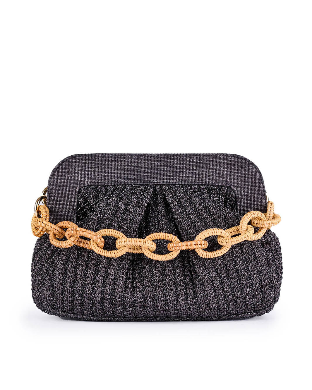 Elegant black and gold woven handbag with chain strap on white background