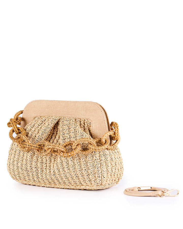 Beige woven handbag with a matching keychain