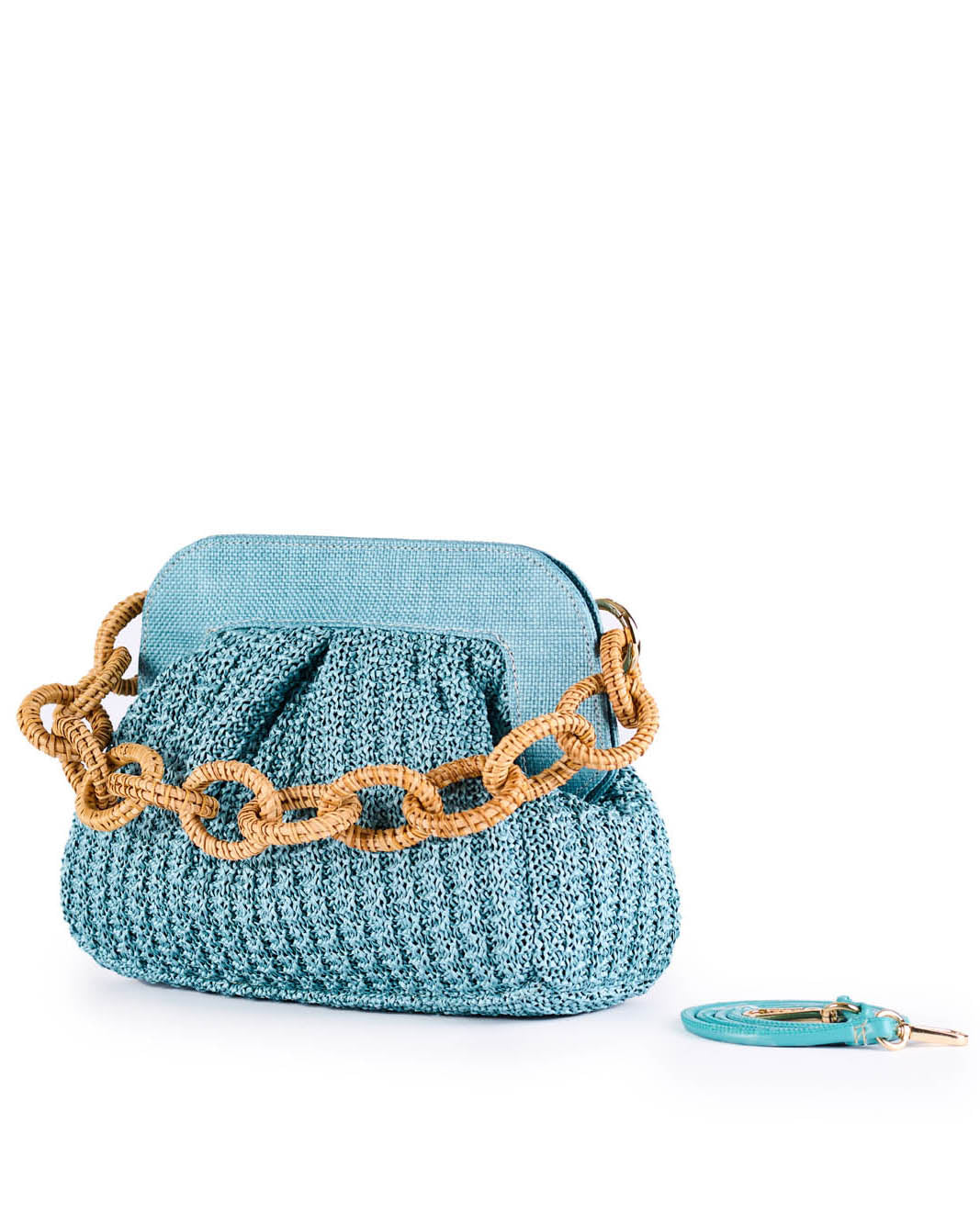 Blue woven handbag with chunky gold chain and matching detachable strap