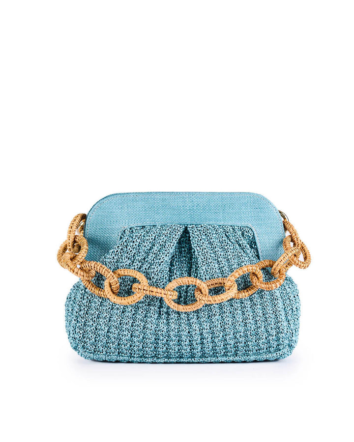 Blue woven handbag with gold chain strap