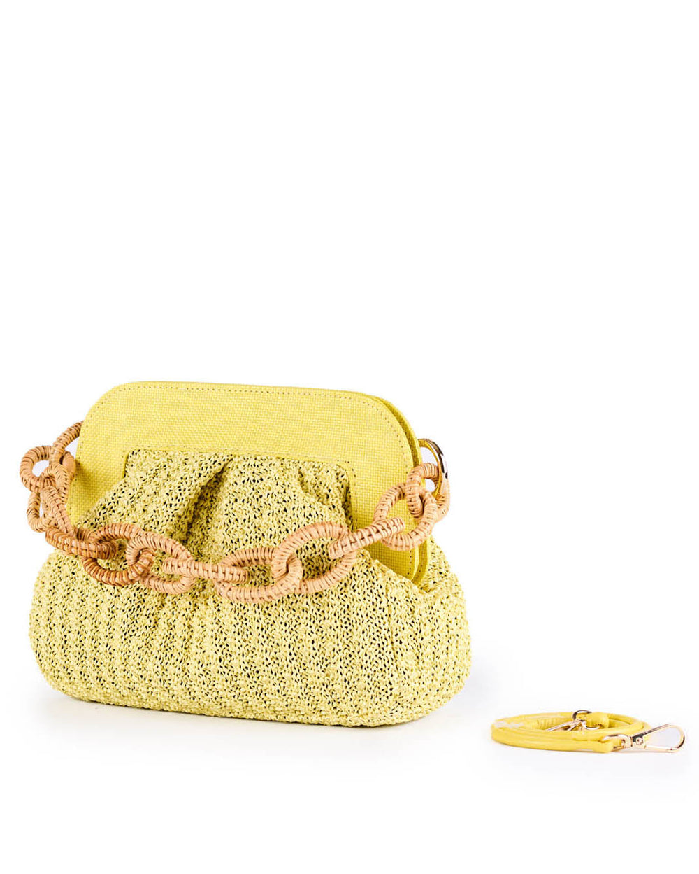 Yellow knitted handbag with a braided shoulder strap and matching keychain