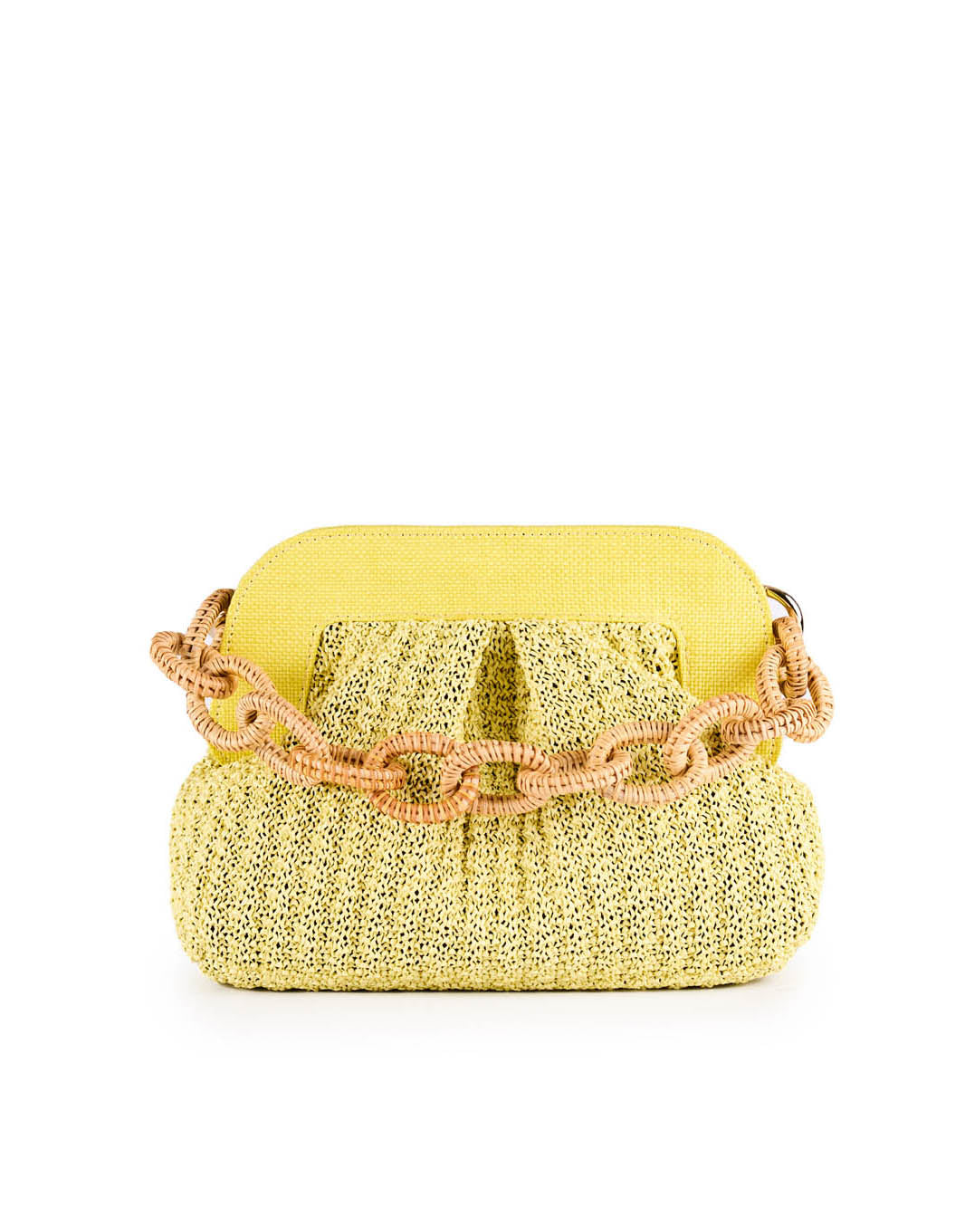 Yellow woven handbag with a large brown chain strap on a white background