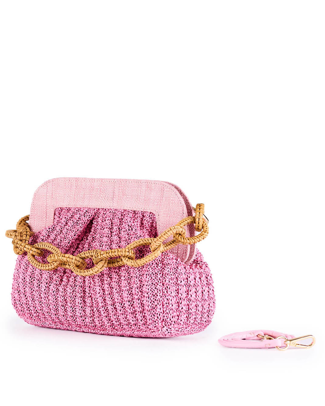 Pink woven handbag with chunky gold chain handle and matching pink keychain