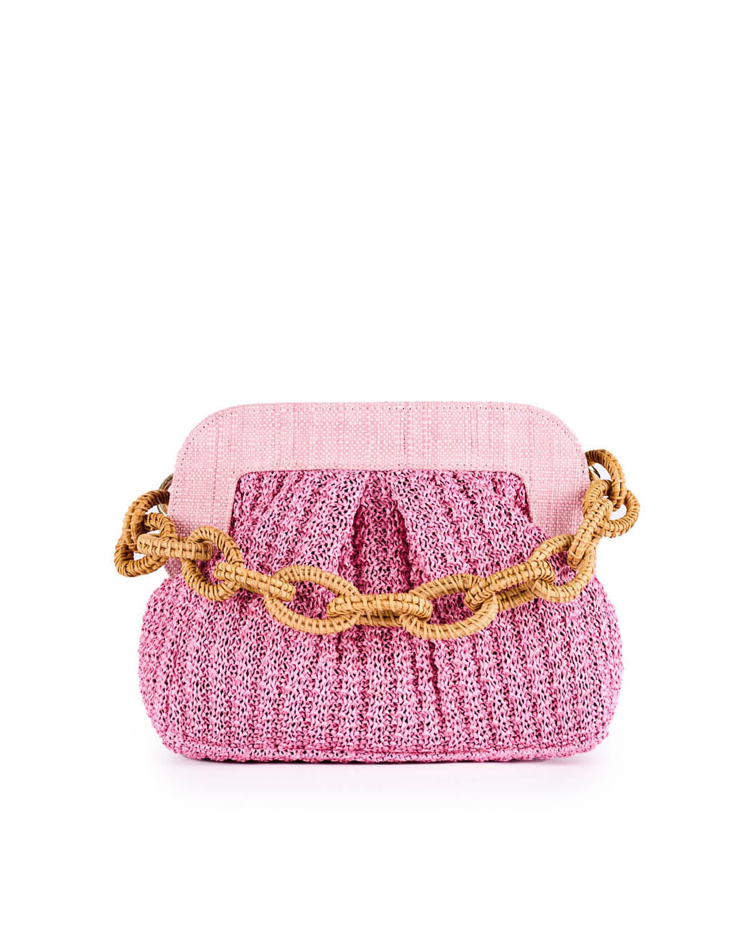 Pink knitted handbag with gold chain strap on white background