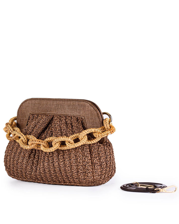 Brown woven handbag with chain detail and detachable strap