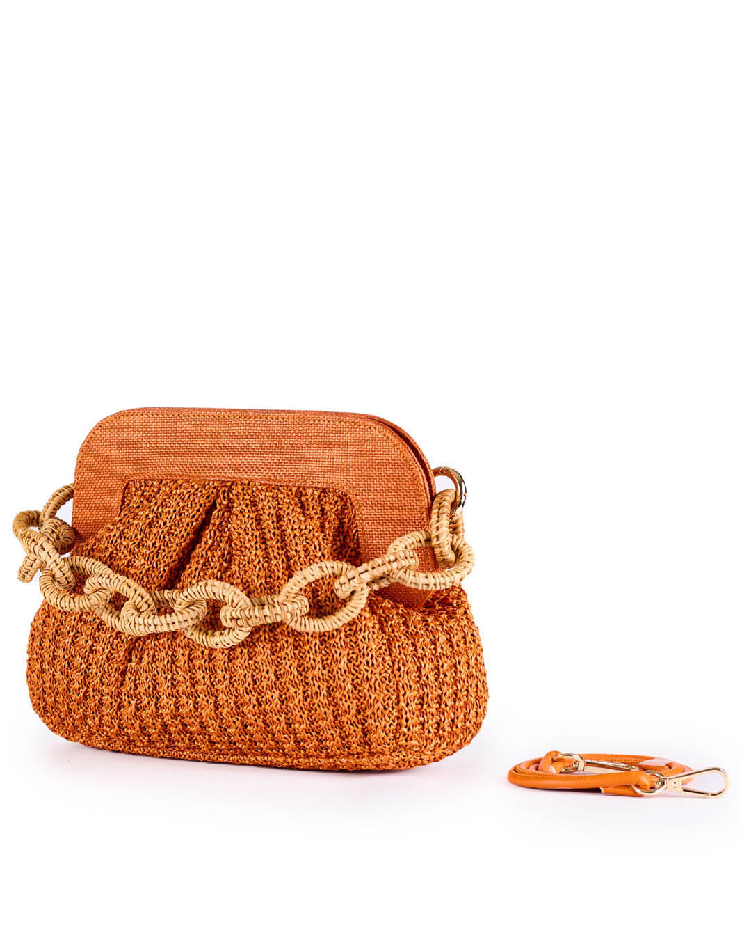Orange woven handbag with chain strap and detachable shoulder strap