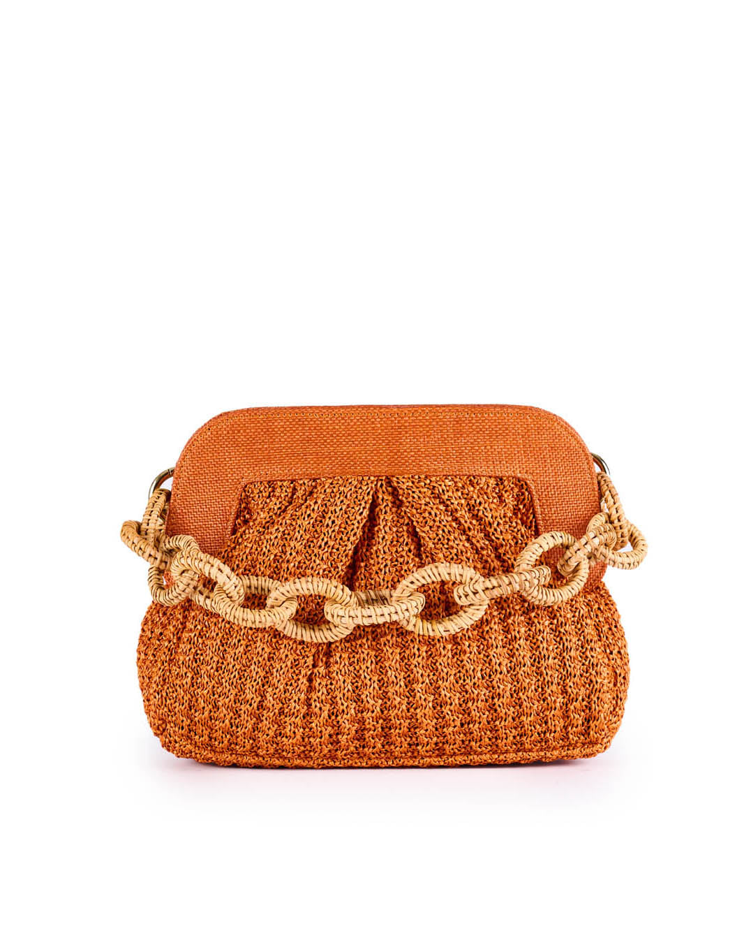 Orange woven handbag with chunky chain strap