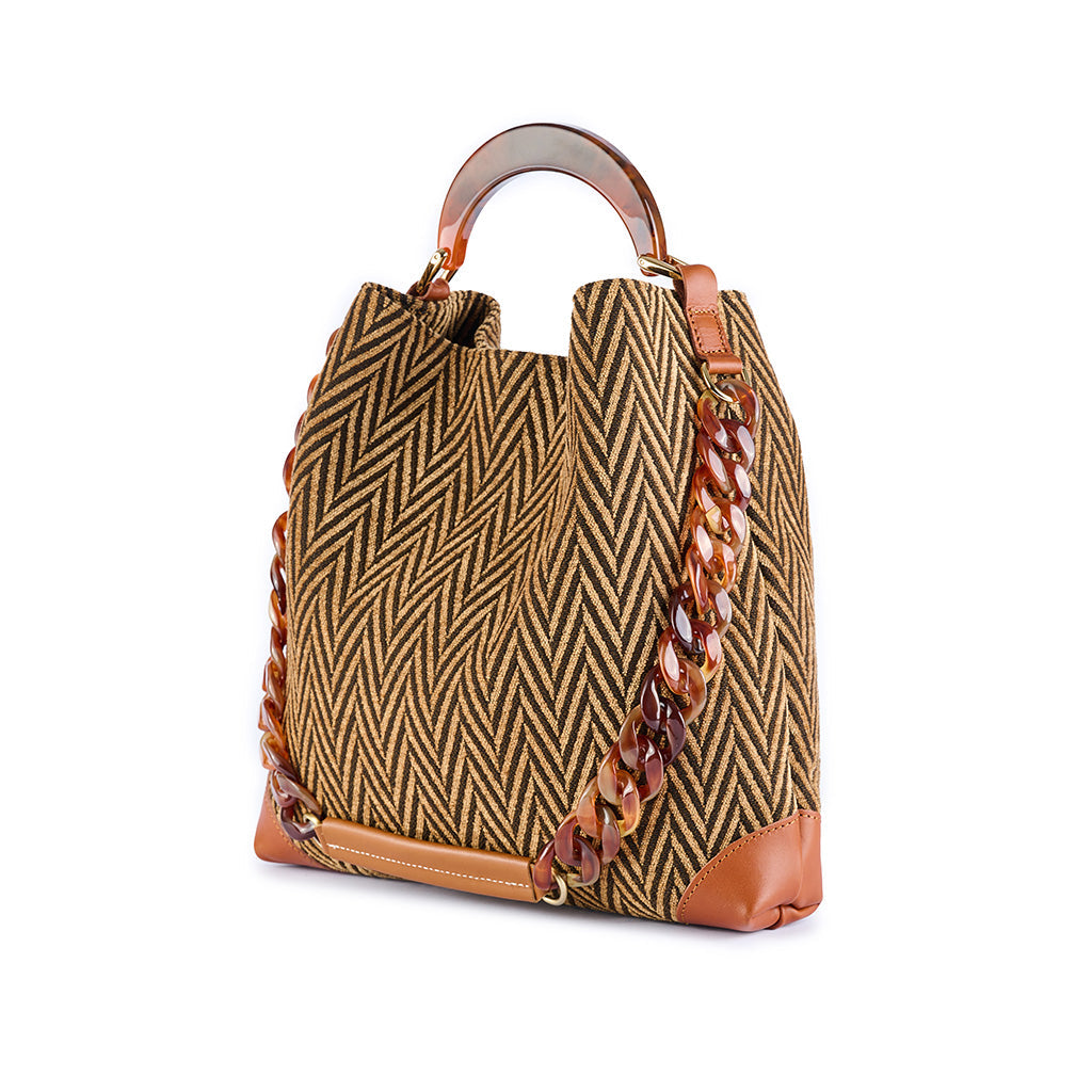 Stylish tan and brown herringbone-patterned handbag with chunky chain strap