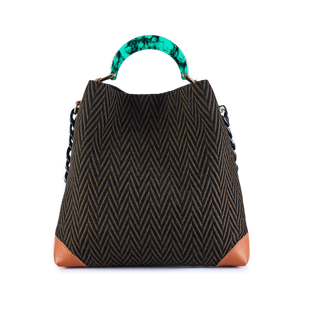 Stylish brown chevron handbag with green marble handle and tan accents