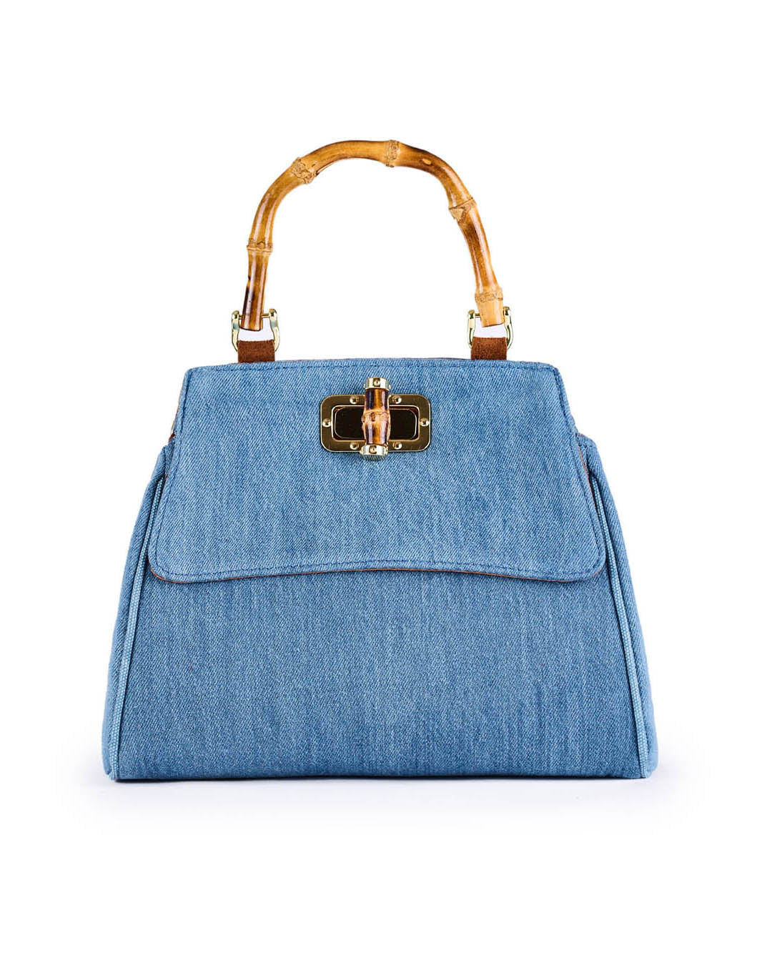 Light blue denim handbag with bamboo handle and gold clasp