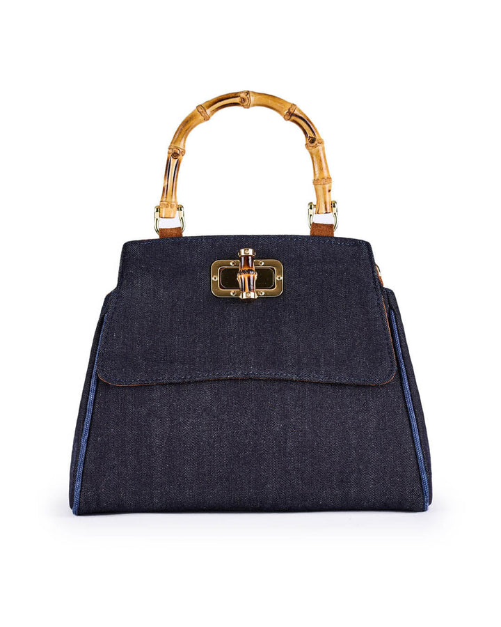 Luxury denim handbag with bamboo handle and gold clasp