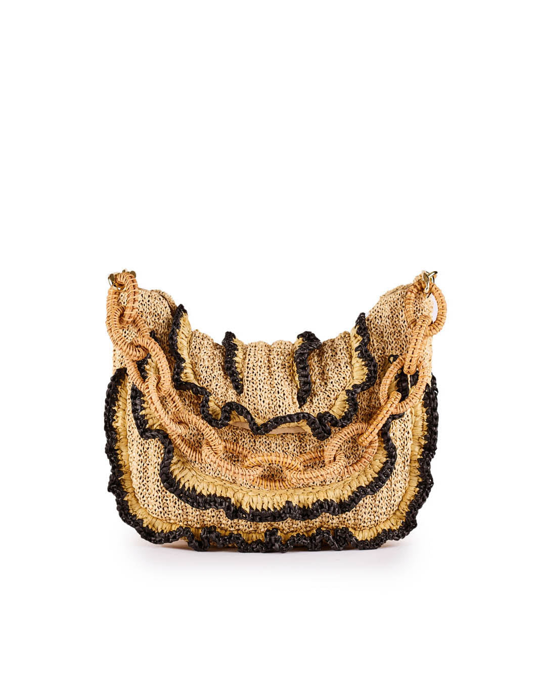 Woven straw handbag with ruffled edges and braided handle