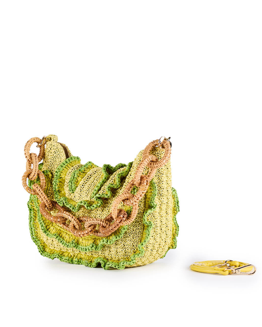Hand-crocheted lime green and yellow ruffled bag with a thick braided handle