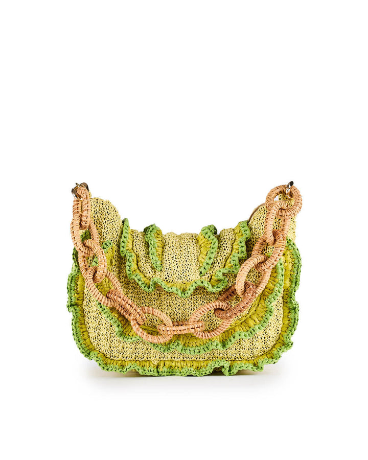 Woven straw handbag with green and beige ruffled detailing and a braided handle