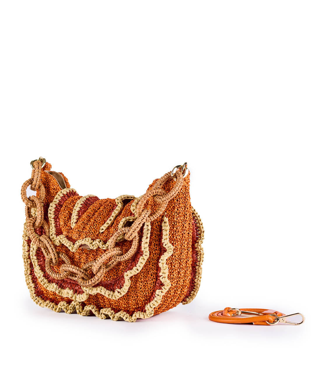 Handmade orange woven handbag with decorative chain strap and matching orange leather keychain