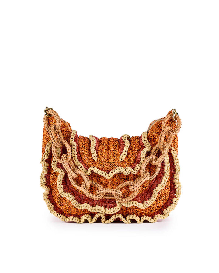 Orange and beige crochet handbag with wavy ruffle details