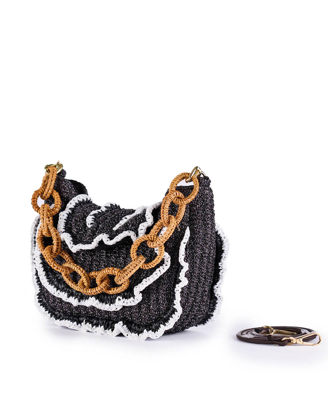 Chic black and white textured handbag with gold chain strap