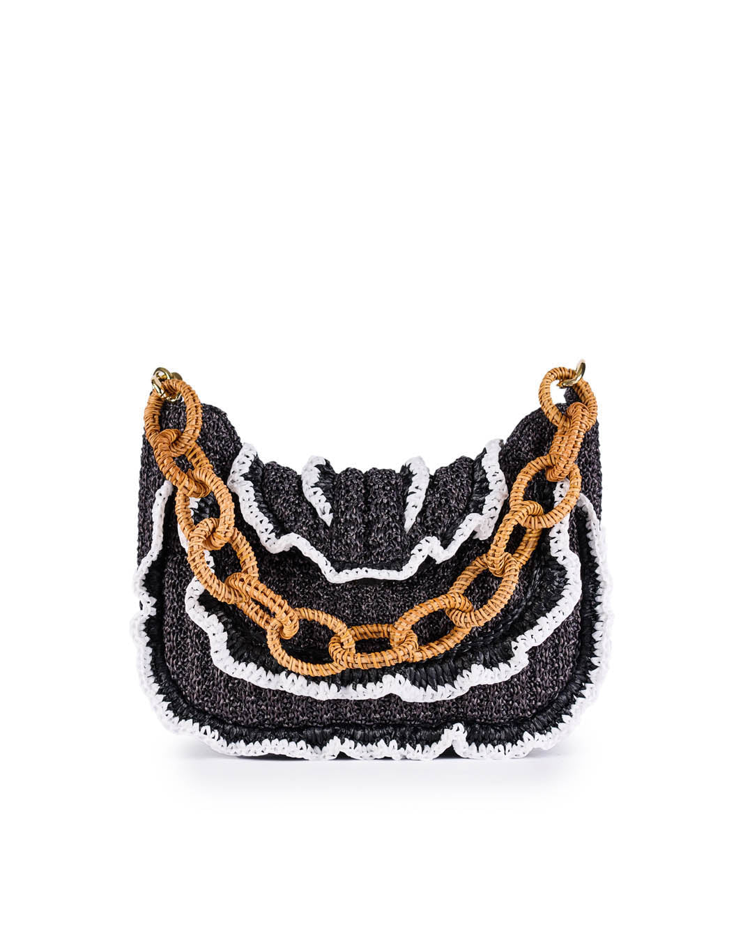 Black crochet handbag with white ruffles and large gold chain handle