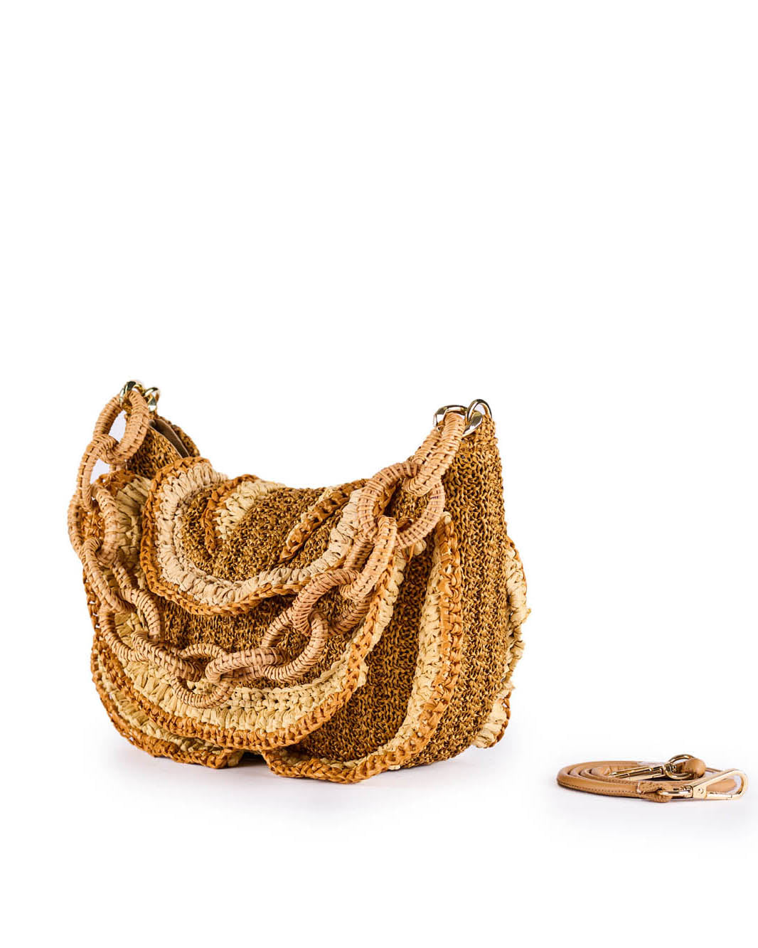Woven straw bag with chain detailing and attached keychain