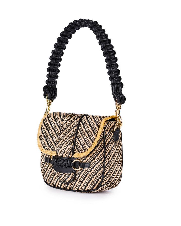 Woven straw handbag with black leather braided handle and gold accents