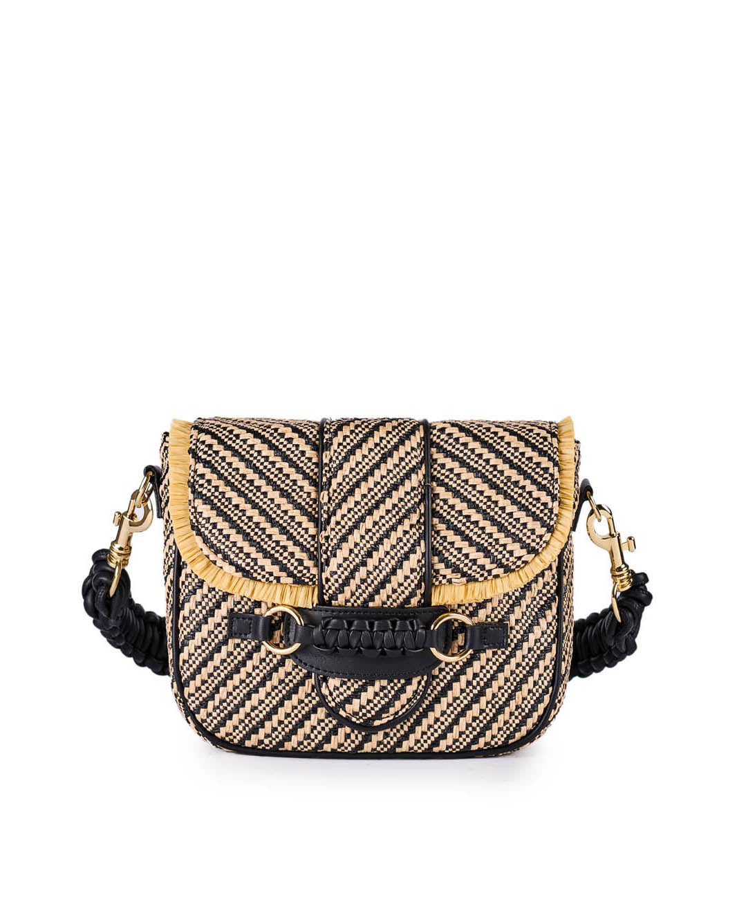 Stylish woven handbag with black and beige diagonal stripes