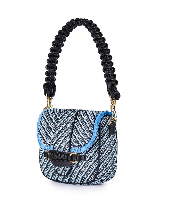 Blue and black woven shoulder bag with braided handle and gold hardware