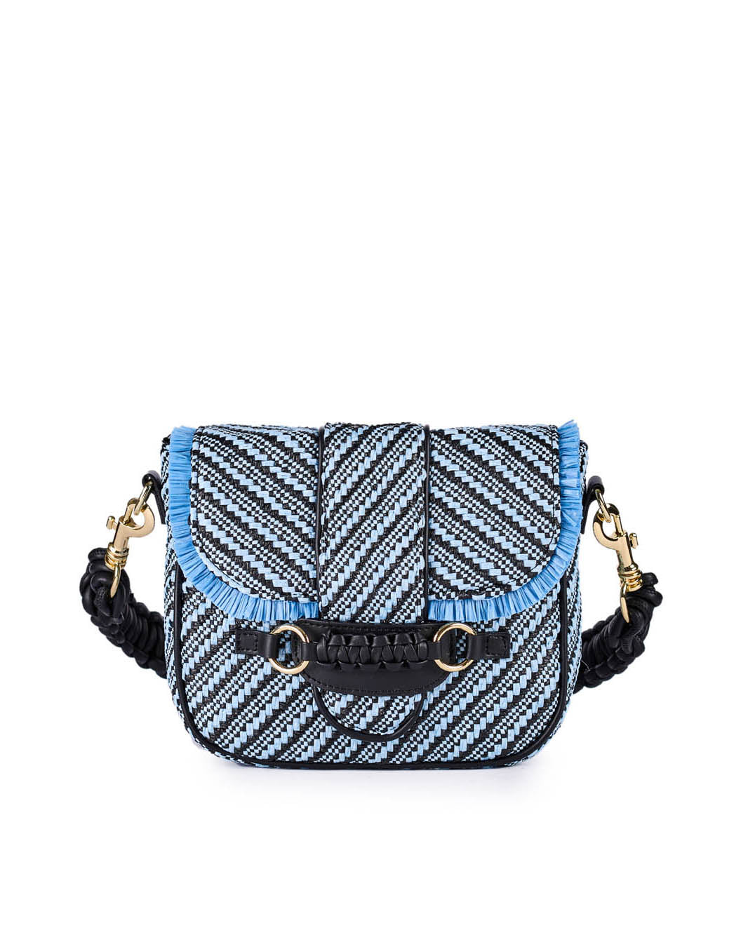 Blue and black woven pattern handbag with fringe detail and adjustable strap