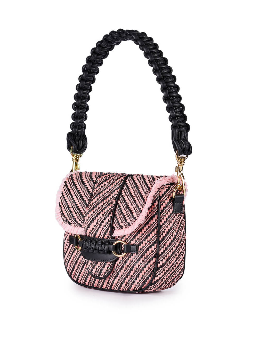 Pink and black woven handbag with braided strap