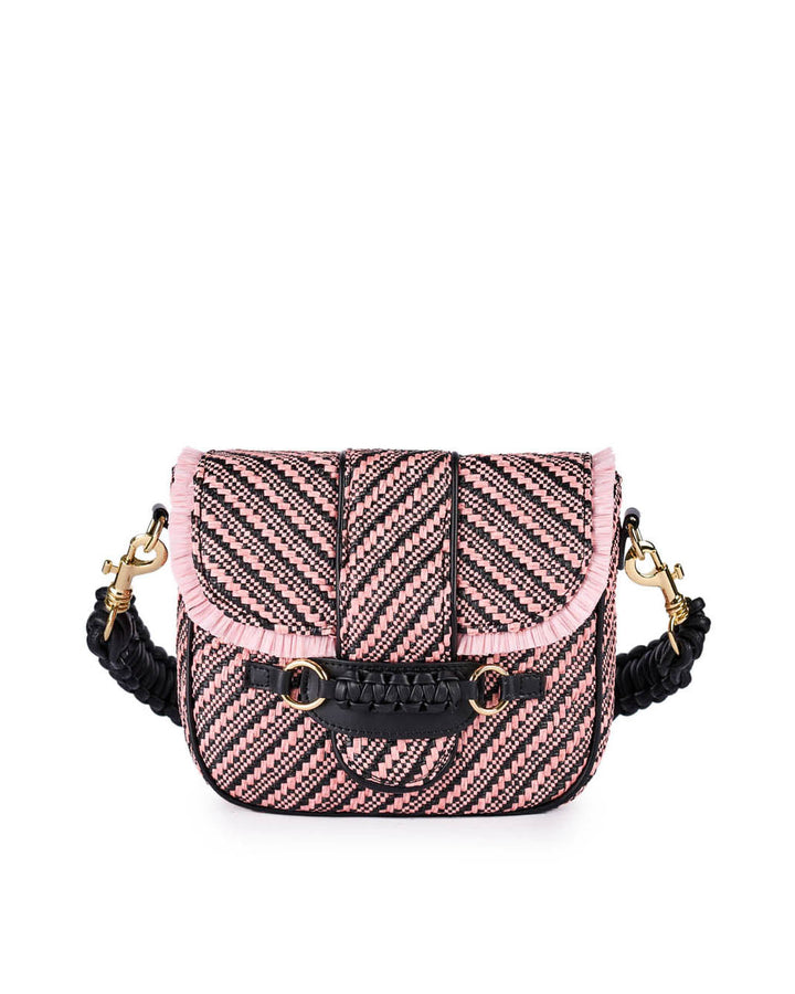 Pink and black woven handbag with braided handle and metal hardware
